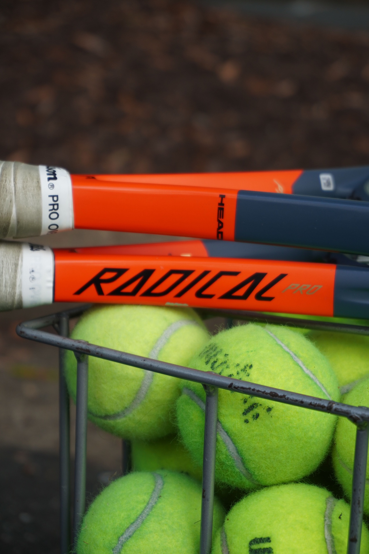 Tennis balls and rackets resting in a ball basket.